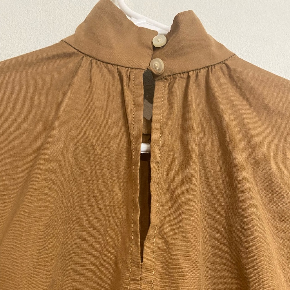 Everlane The Tiered Midi Dress Cotton Mock Neck Short Sleeve Tan Women Runs Big - Picture 5 of 7